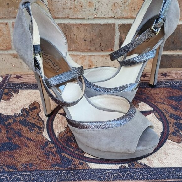 Michael Kors Tan and Silver Strappy Heels - Picture 1 of 7